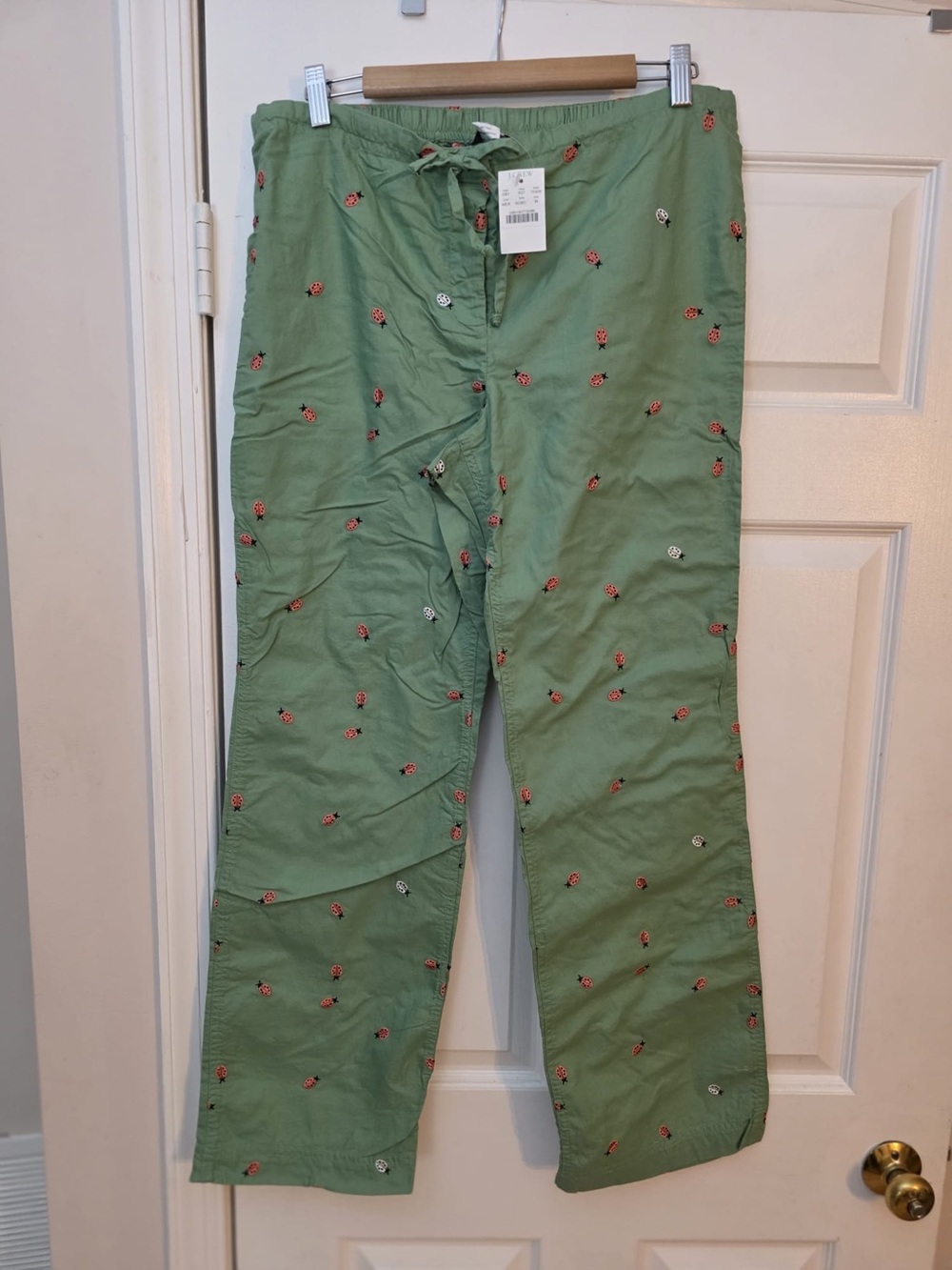 J Crew Women’s Green Lounge Pants with Red LadyBugs Embroidery. NWT. Various